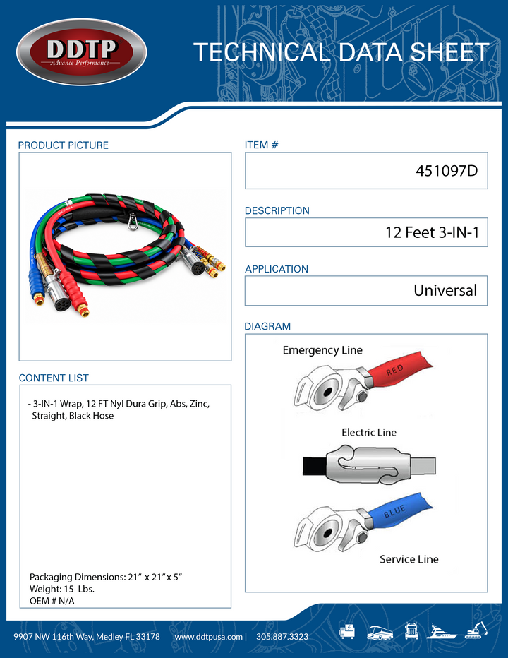 Envoltura 3 en 1, 12', agarre de nailon Dura Grip, ABS, zinc, recta, manguera negra (451097D)