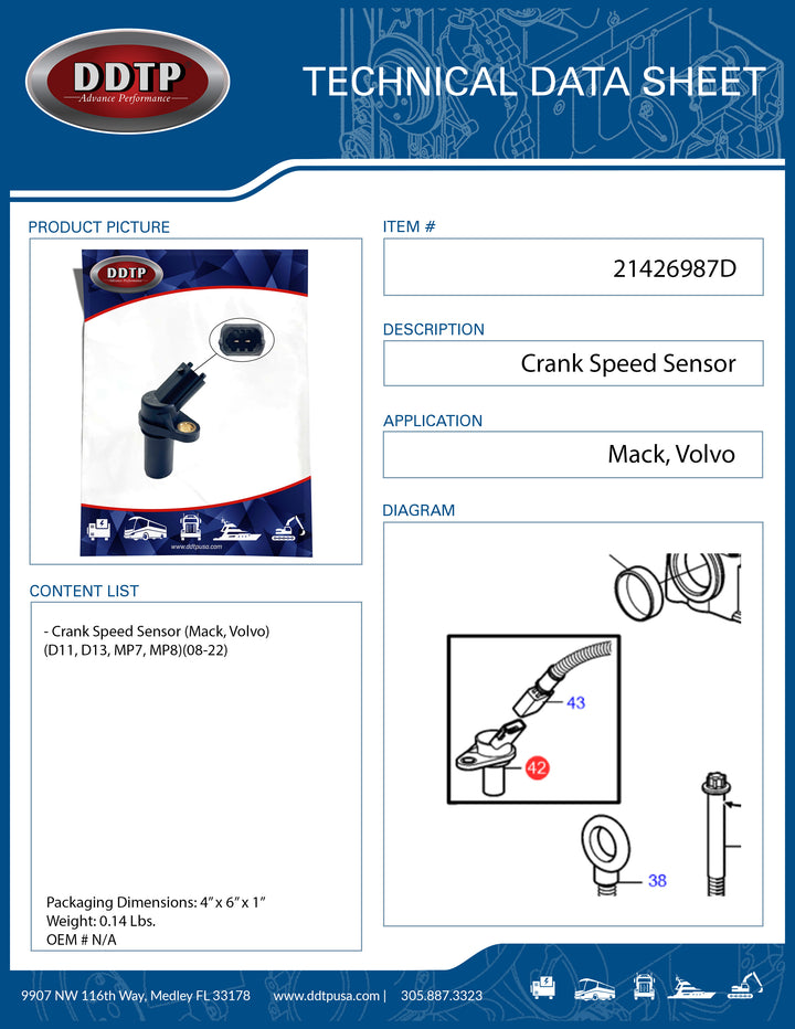 Crank Speed Sensor (Mack, Volvo)(D11, D13, MP7, MP8)(08-22)