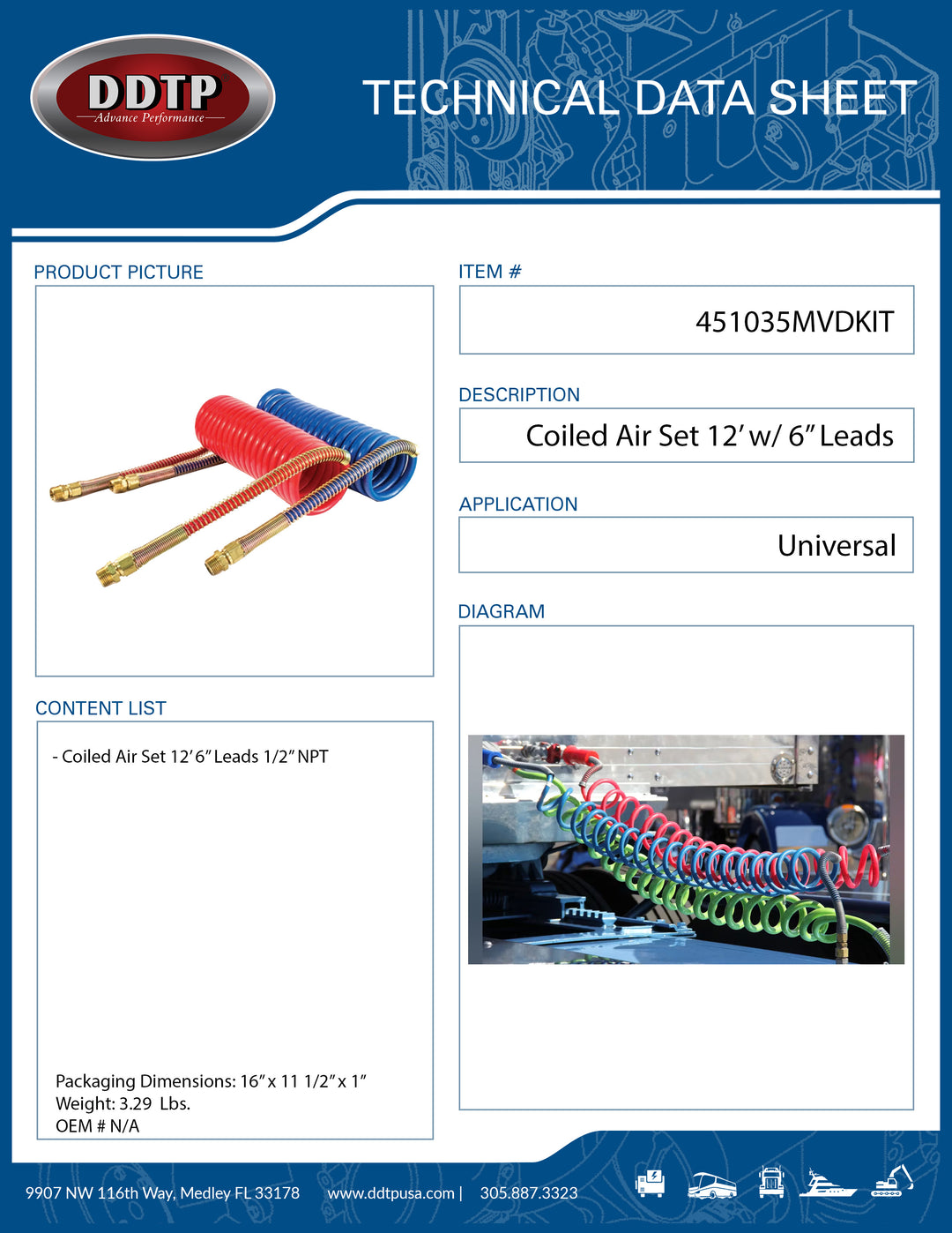 Conjunto de aire en espiral de 12' con cables de 6" y 1/2" NPT