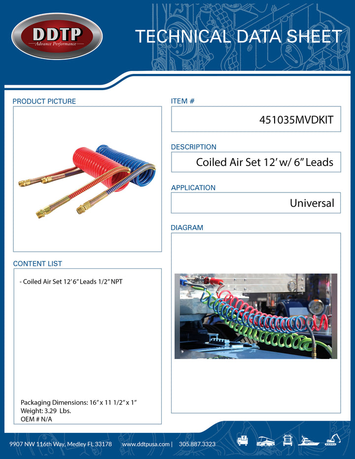 Conjunto de aire en espiral de 12' con cables de 6" y 1/2" NPT