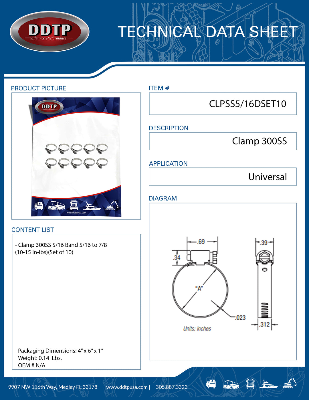 Clamp 300SS 5/16 Band 5/16 to 7/8 (10-15 in-lbs)(Set of 10)