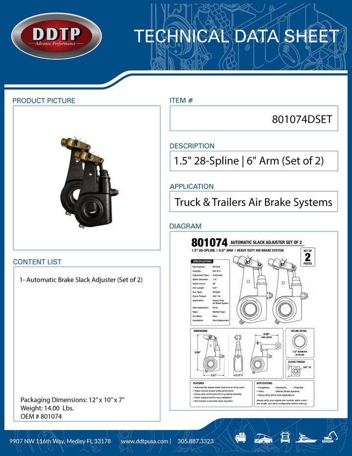 Automatic Slack Adjuster Set of 2 | 1.5" 28-Spline | 6" Arm (801074)