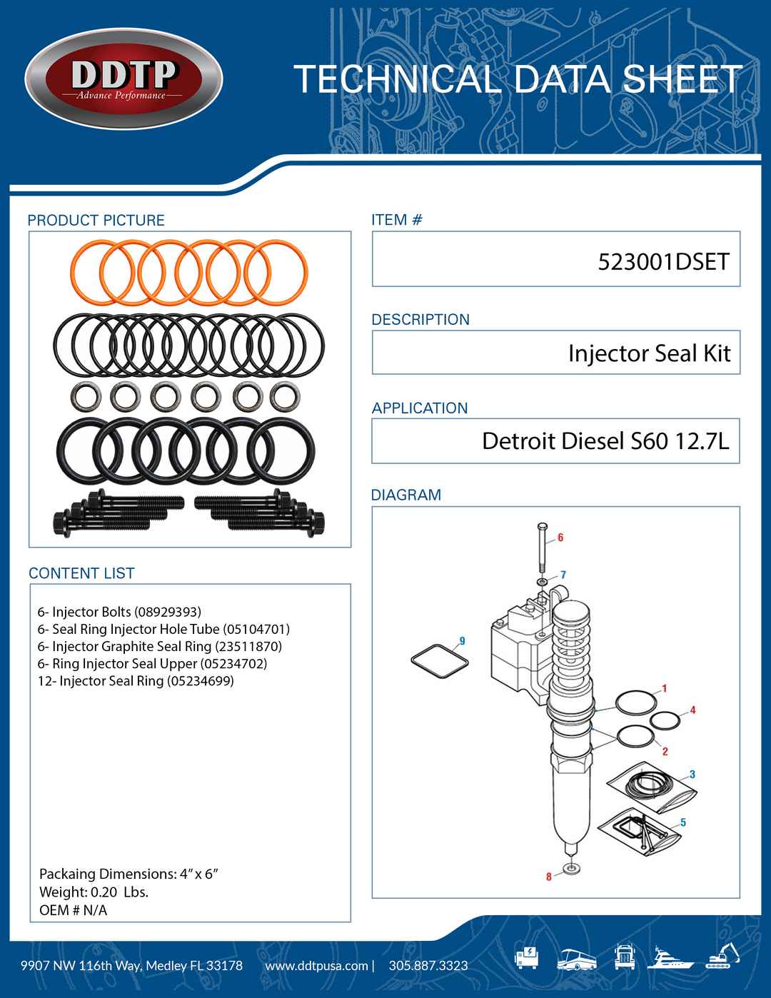 Kit de sellos de inyector para motor Detroit Diesel serie 60 de 12,7 l (paquete de seis)