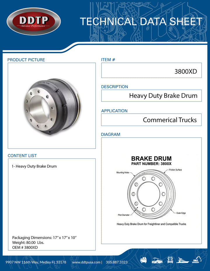 Heavy Duty Brake Drum 15.00" x 4.00" | Outboard Mount | 10-Bolt Disc Wheel | Cast Iron (3800X)