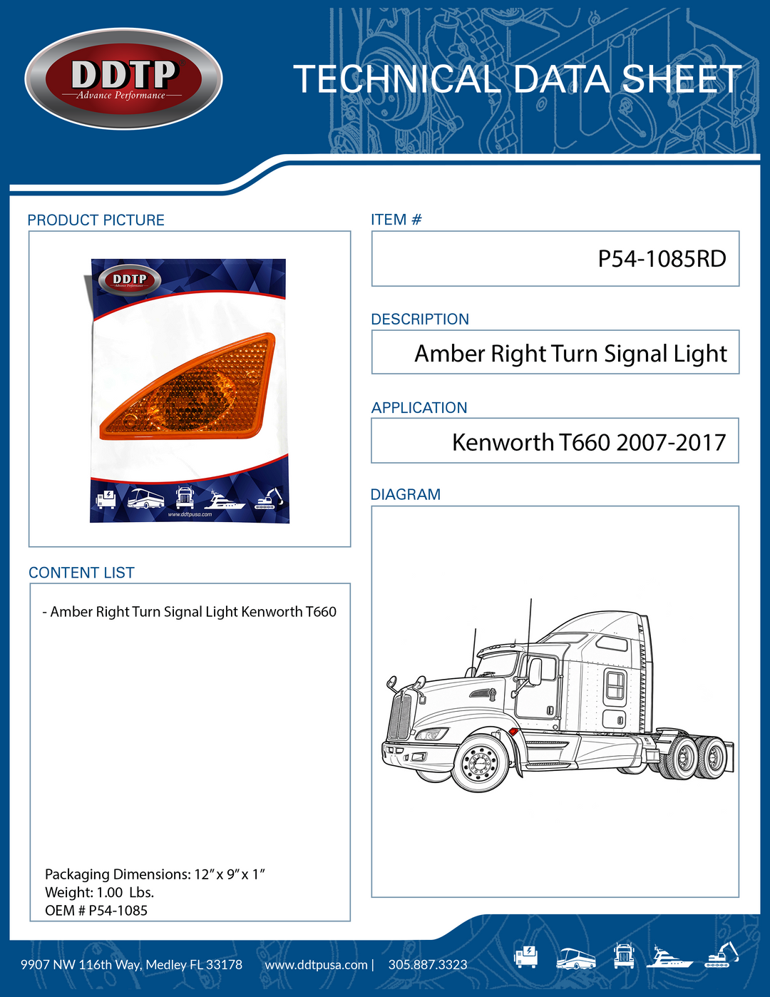 Amber Right Turn Signal Light Housing for Kenworth T660 2007-2017