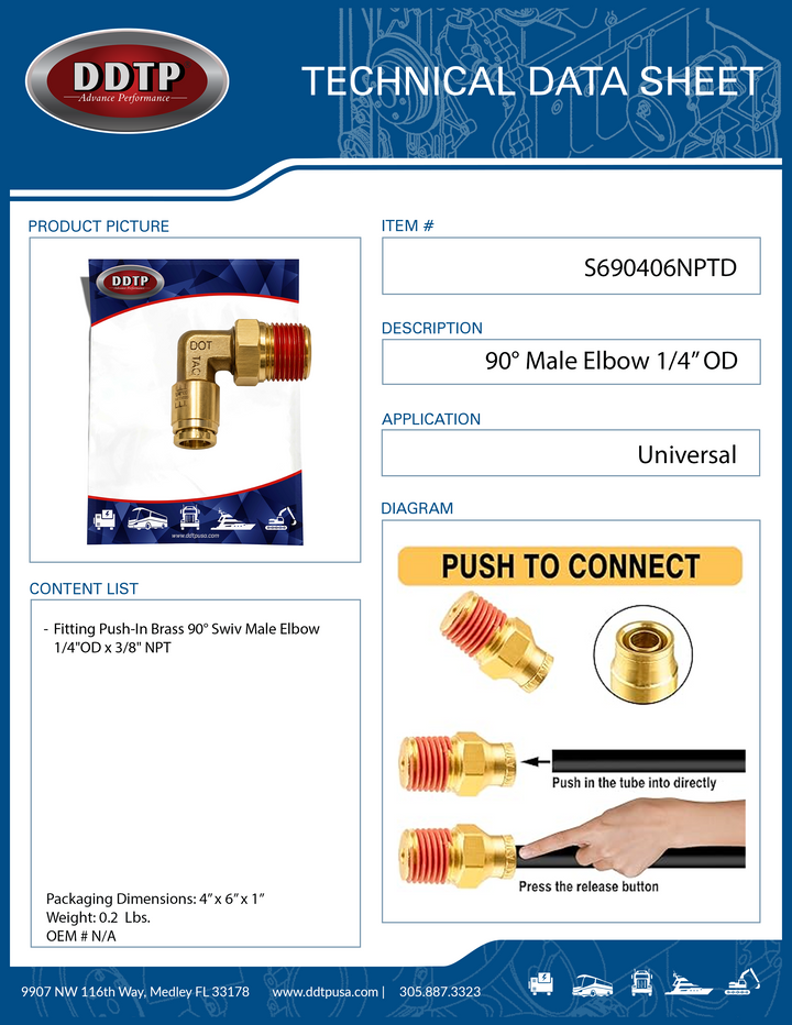 Codo macho de 90° de 1/4" de diámetro exterior x 3/8" NPT