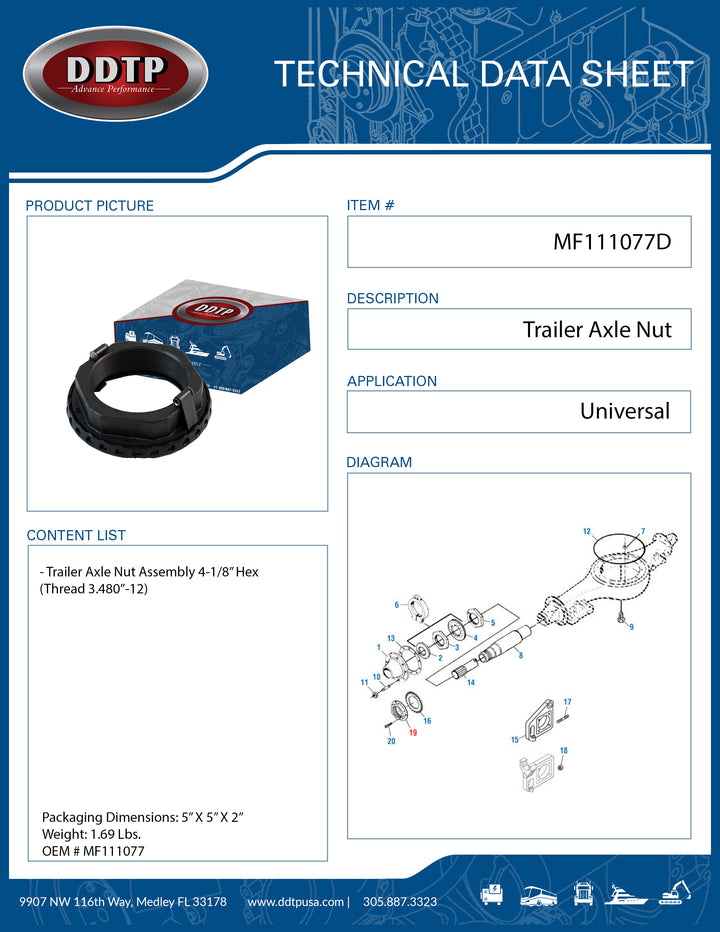 Trailer Axle Nut Assembly Hex 4-1/8 in, thread 3.480"-12