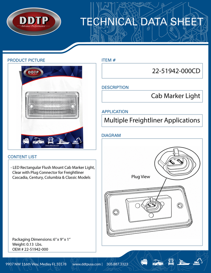 Clear LED Cab Marker Light, Rectangular Flush Mount Female Plug Connector for Freightliner Cascadia, Century, Columbia & Classic Models
