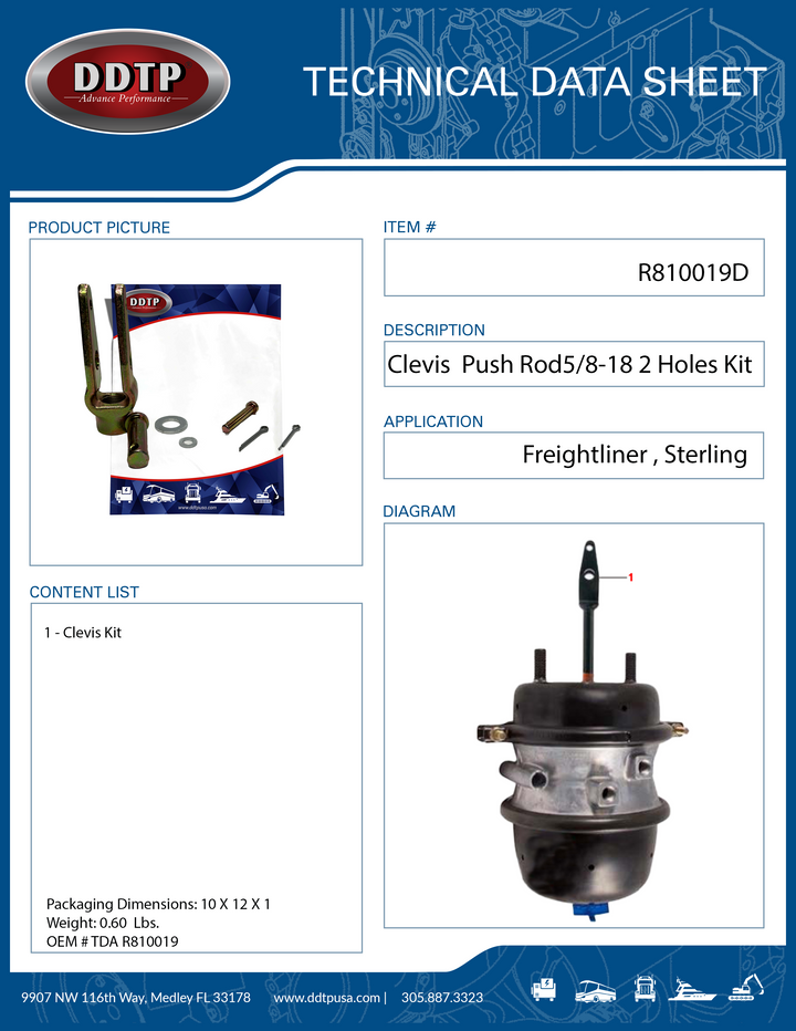 Clevis Kit Push Rod 5/8-18  2 Holes Cascadia ( TDA R810019 )