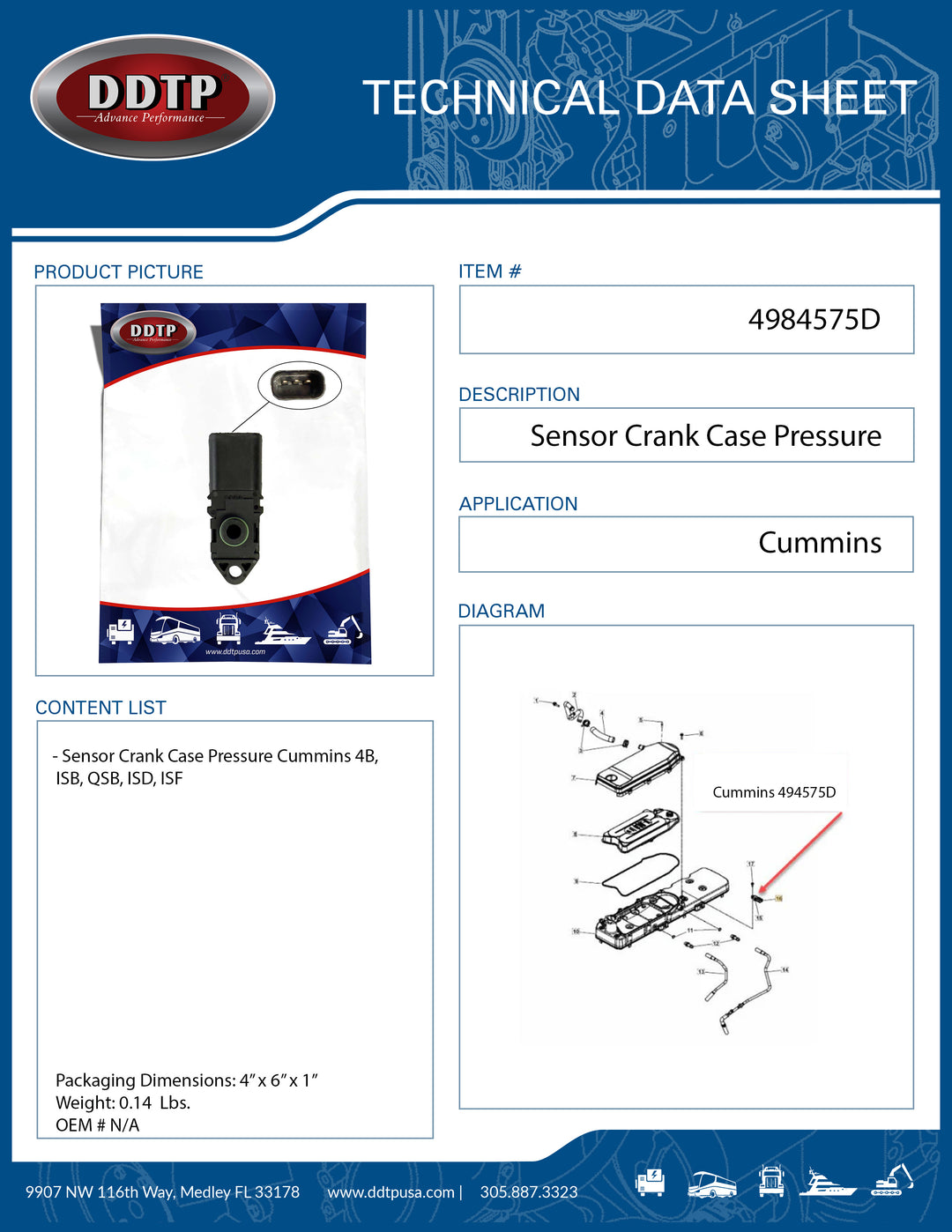 Sensor Crank Case Pressure Cummins 4B, ISB, QSB, ISD, ISF