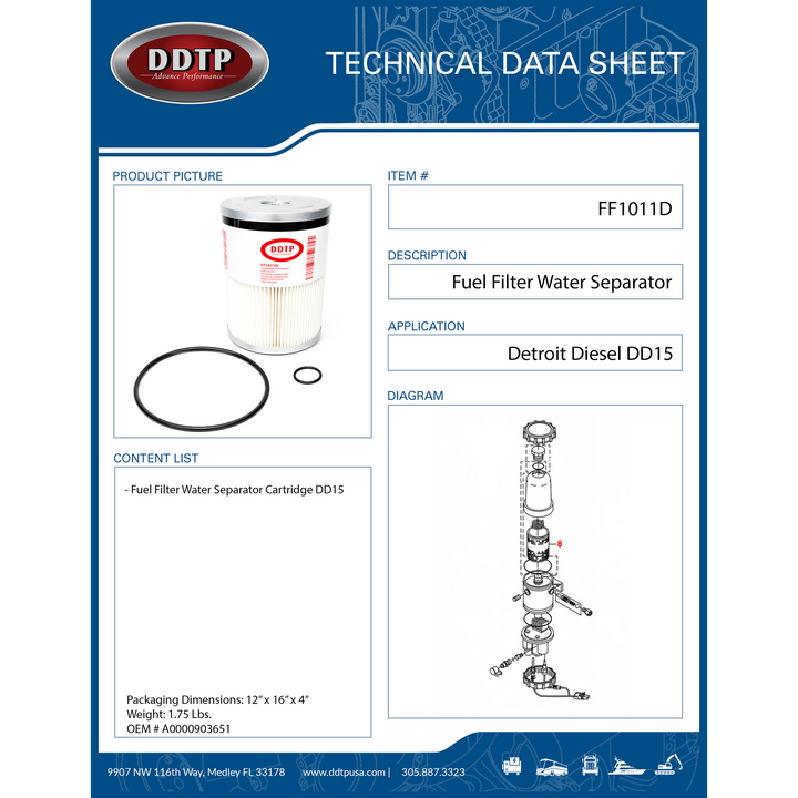 Cartucho separador de agua del filtro de combustible DD15 (A0000903651, P551011, FS19915)