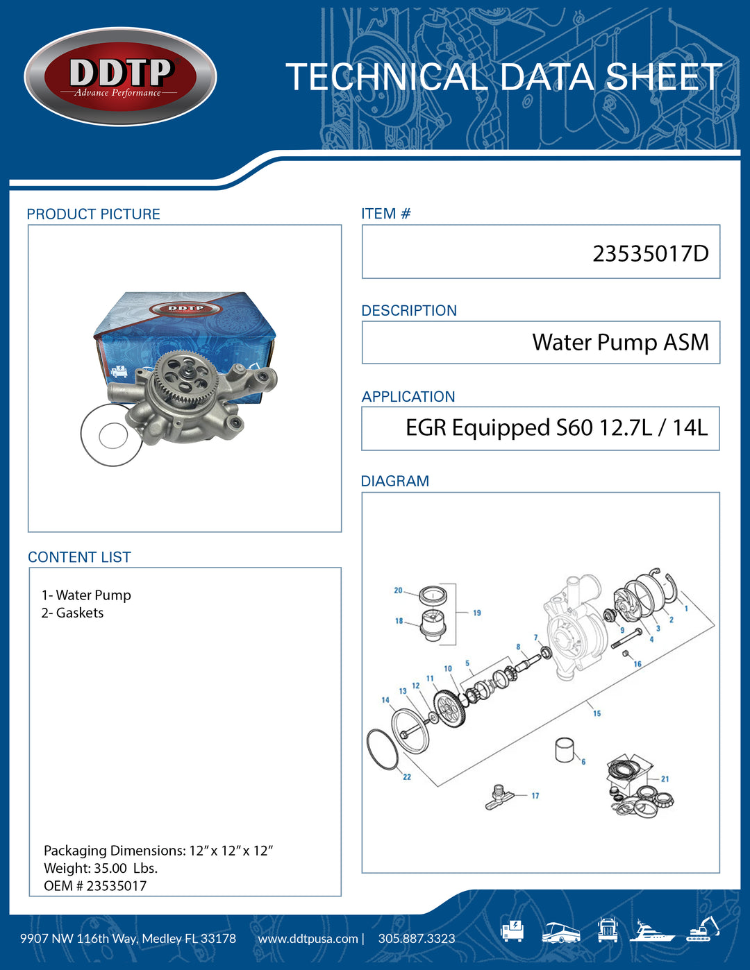 Water Pump Assembly for Detroit Diesel Series 60 12.7L & 14.0L EGR Engines (23535017)