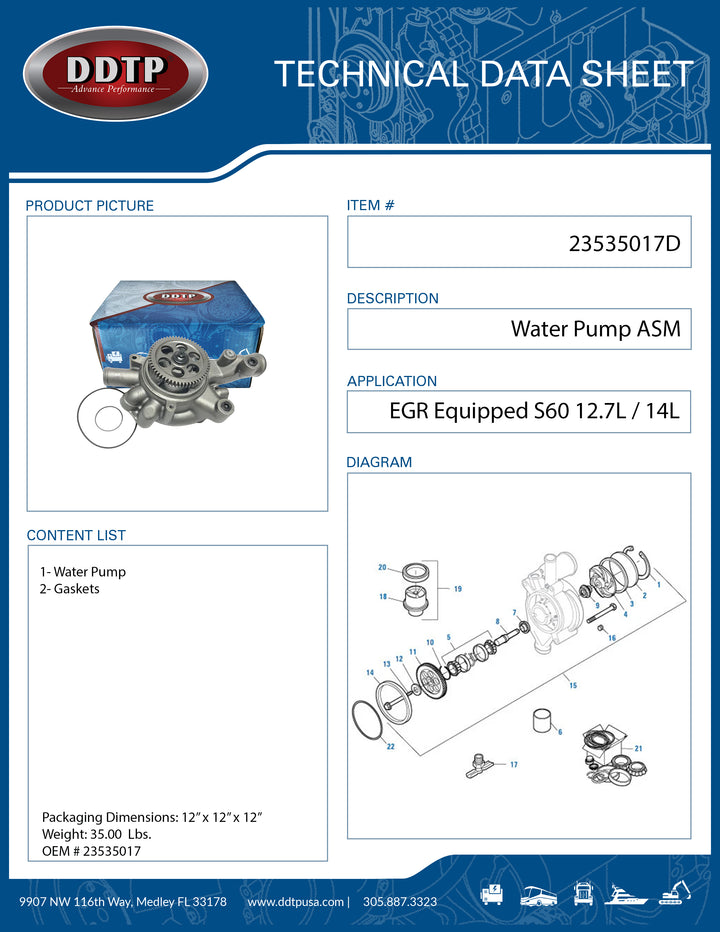Water Pump Assembly for Detroit Diesel Series 60 12.7L & 14.0L EGR Engines (23535017)