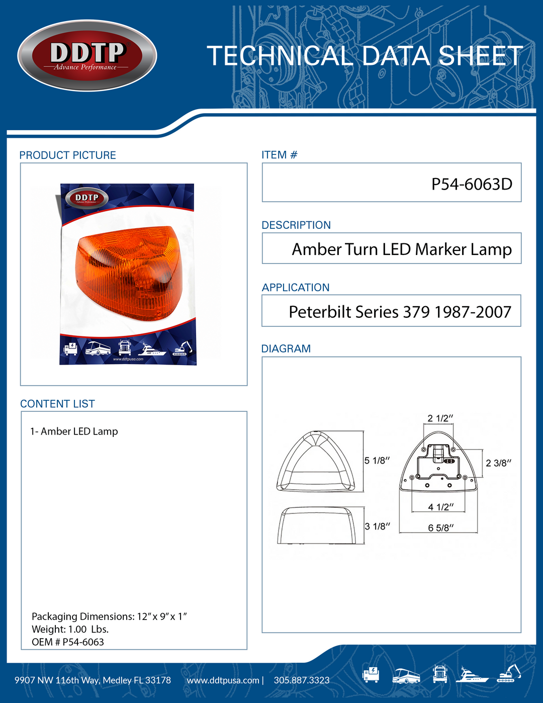 LED Park Turn Marker Assembly Amber Peterbilt Series 379 1987-2007