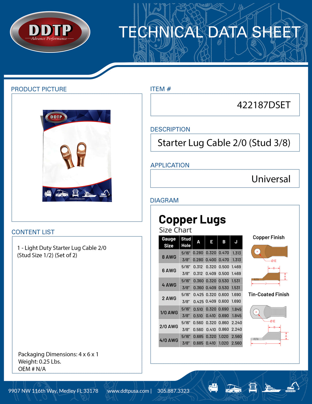 Light Duty Starter Lug Cable 2/0 Stud Size 1/2 Set of 2 ( 422187DSET )