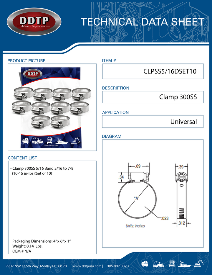Clamp 300SS 5/16 Band 5/16 to 7/8 (10-15 in-lbs)(Set of 10)