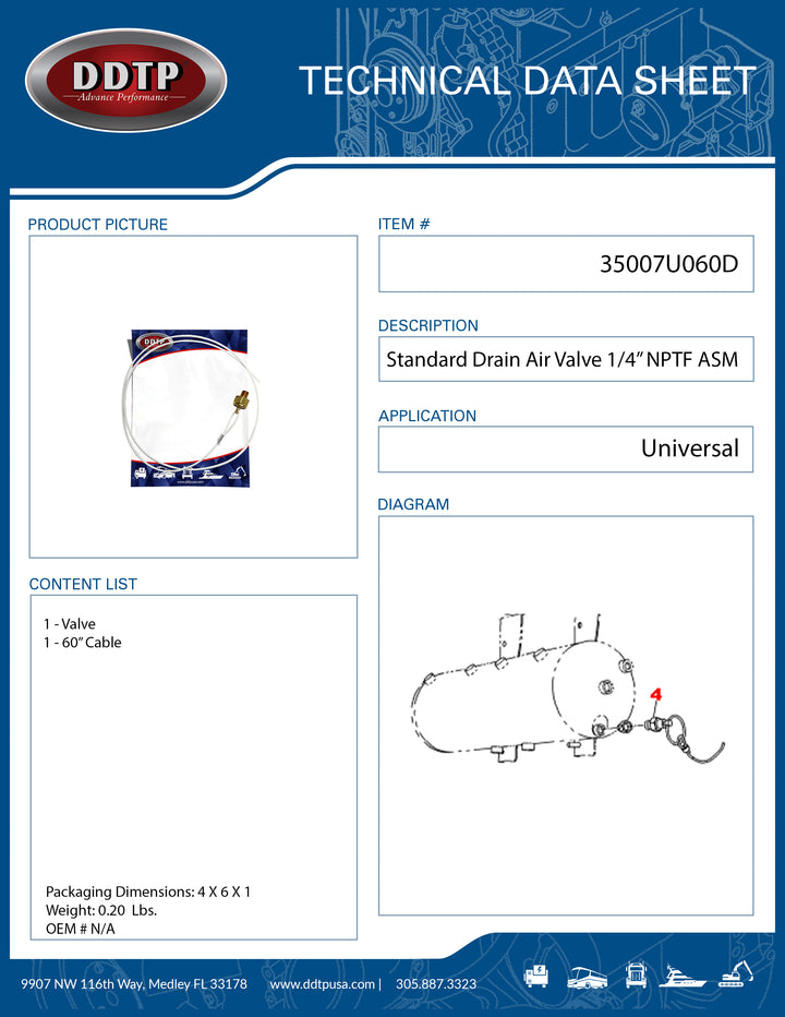 Standard Drain Air Valve 1/4" NPTF with 60" Cable