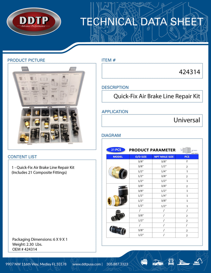 Quick-Fix Air Brake Line Repair Kit Includes 21 Composite Fittings ( 424314 )