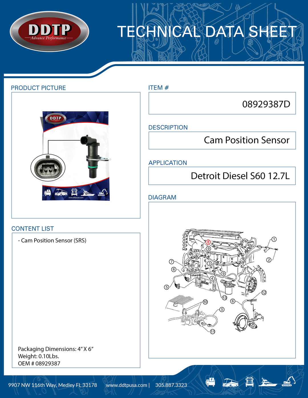 Cam Position Sensor (SRS) S60 12.7L (08929387)