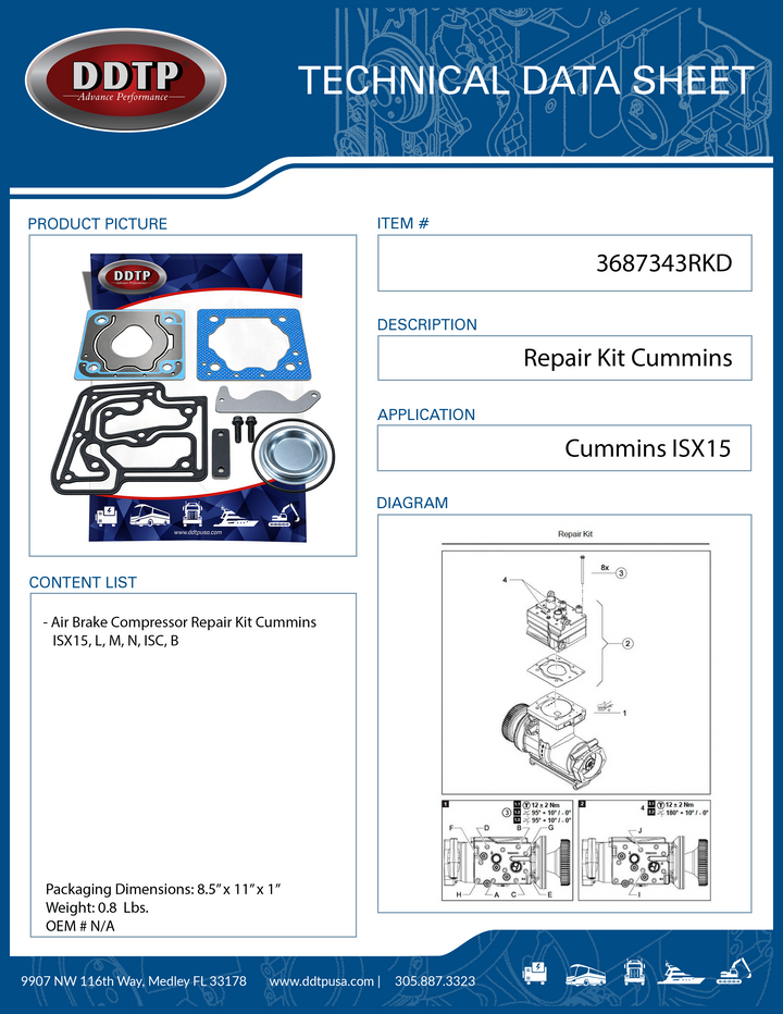 Air Brake Compressor Repair Kit Cummins ISX15, L, M, N, ISC, B