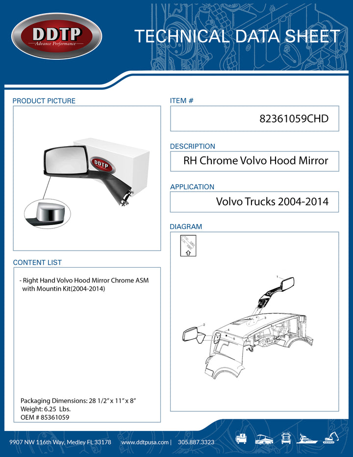 Chrome RH Volvo Hood Mirror w/ Mounting Kit (2004-2014)