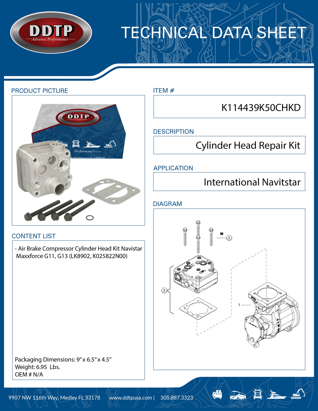 Air Brake Compressor Cylinder Head Repair Kit Navistar Maxxforce G11, G13 (LK8902, K025822N00)