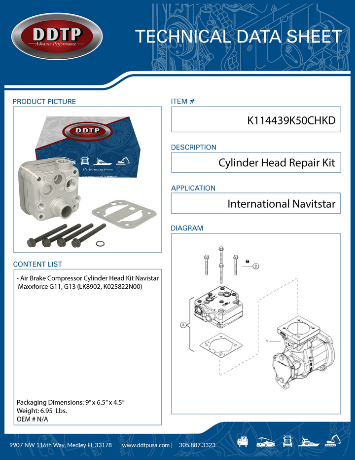 Air Brake Compressor Cylinder Head Repair Kit Navistar Maxxforce G11, G13 (LK8902, K025822N00)