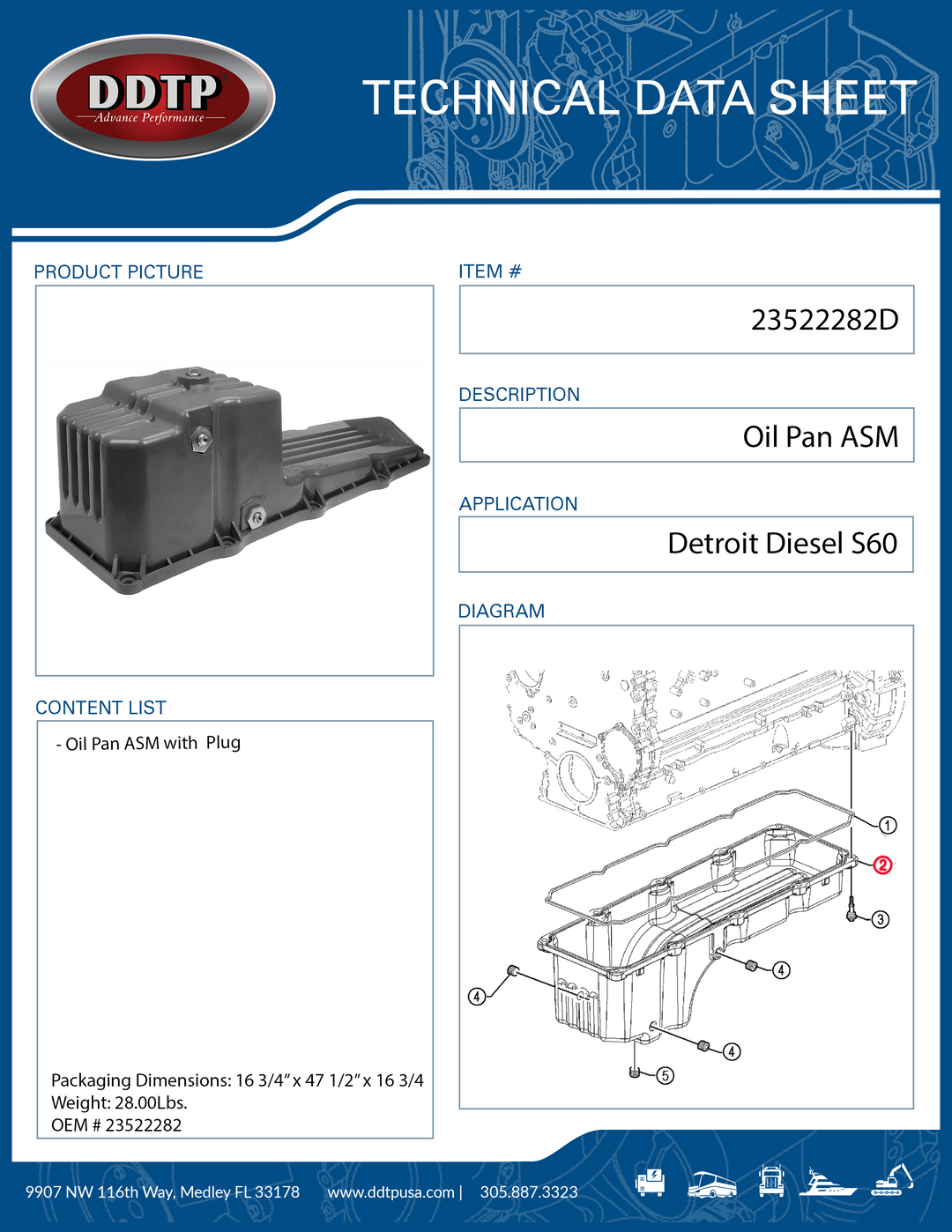 Oil Pan Assembly with Plug Detroit Diesel S60 (New HD Plastic)(23522282)