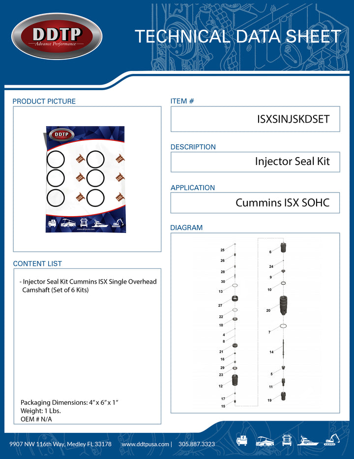 Injector Seal Kit Cummins ISX SOHC (Set of 6 Kits)