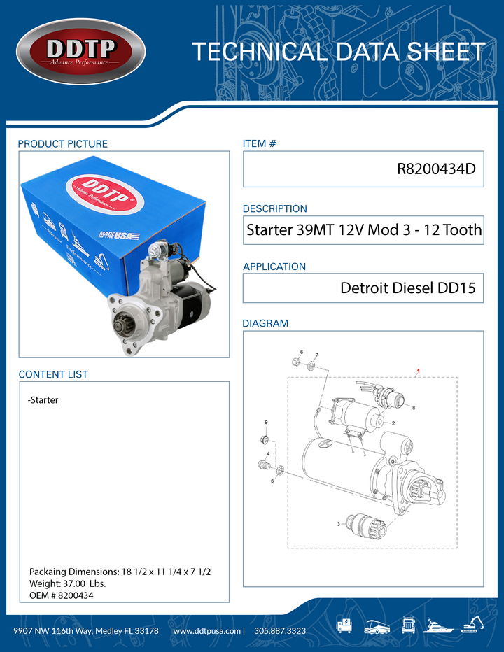 Starter Reman 39MT 12V Mod 3 - 12 Tooth Drive ( 8200434 )