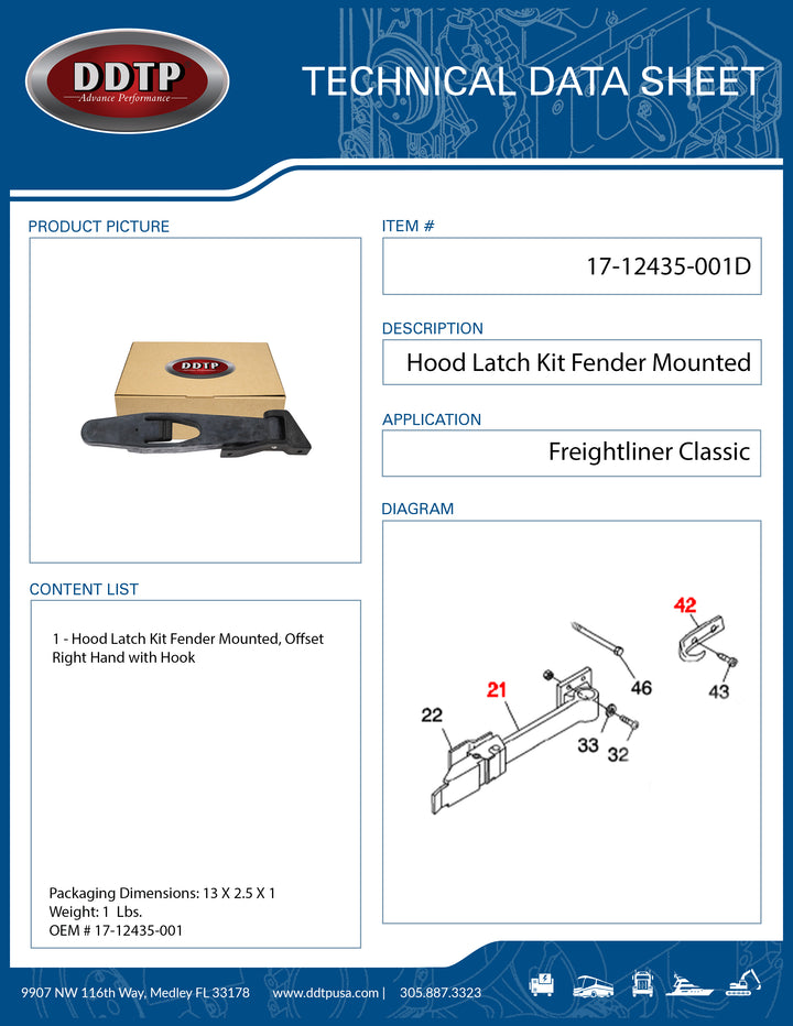 Hood Latch Kit Fender Mounted, Offset RH W/ Hook 17-12434-000 Freighliner Classic ( 17-12434-000, 17-12435-001 )