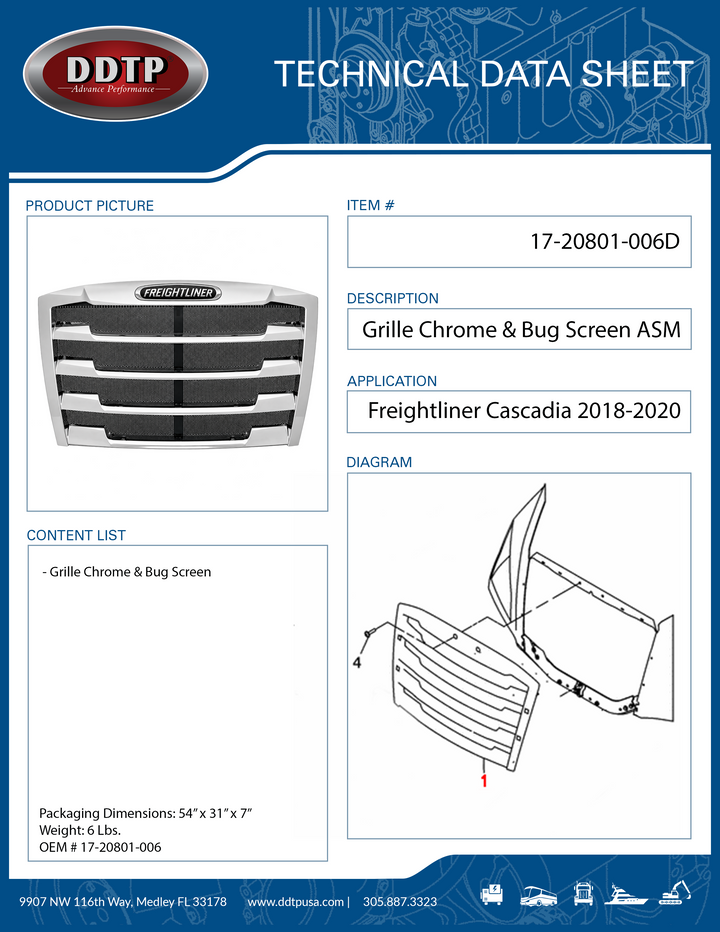 Grille-Hood Mounted Chrome, Bug Screen Freightliner Cascadia 2018-2020