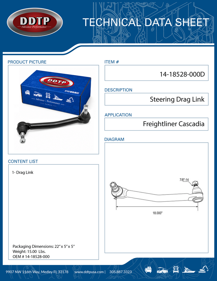 Steering Drag Link 17.7" Center to Center for Freightliner Cascadia
