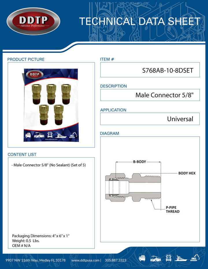 Brass Male Connector Fitting 5/8" (No Sealant) (Set of 5)