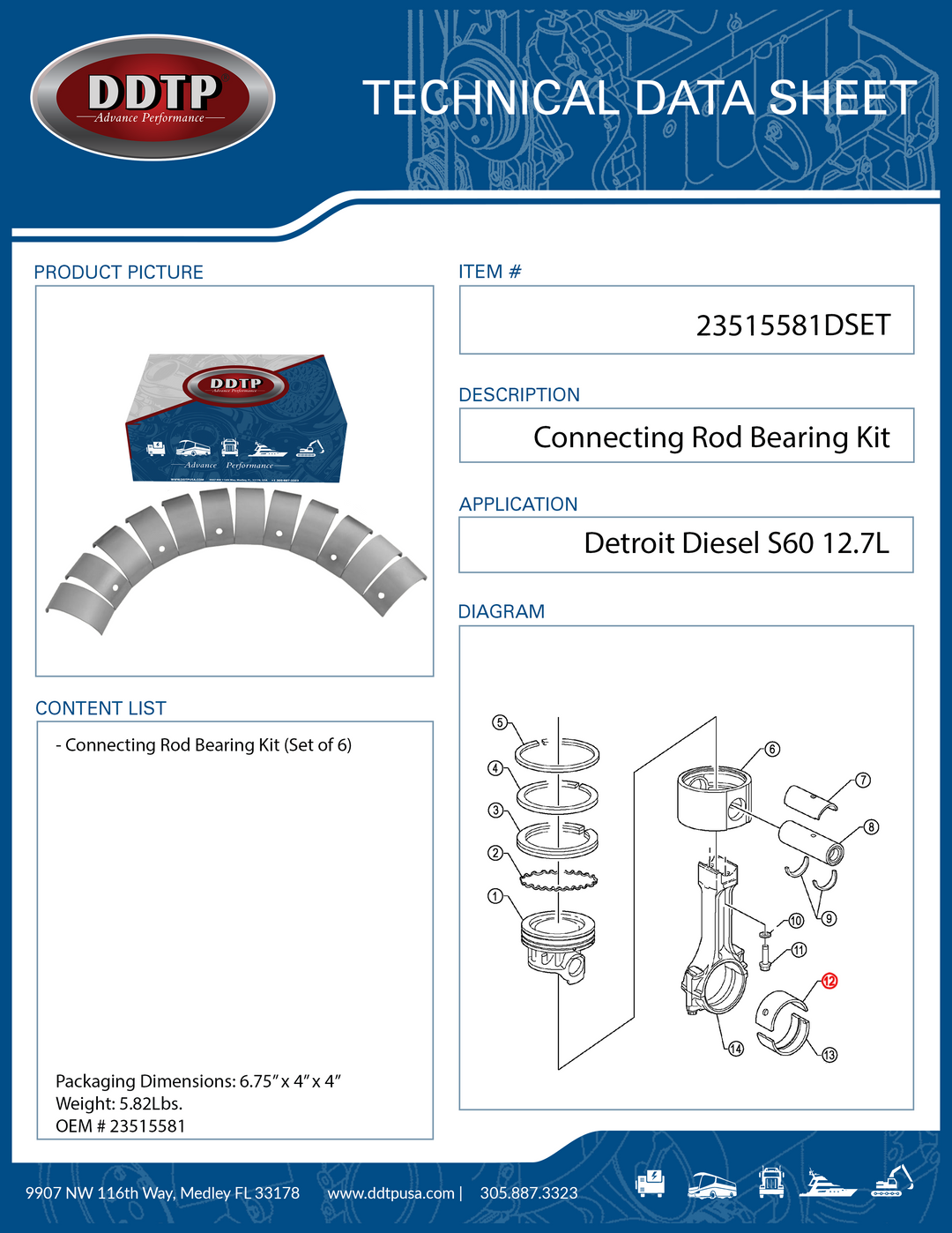 Kit de cojinetes de biela S60 12,7 L, juego de 6 (23515581)