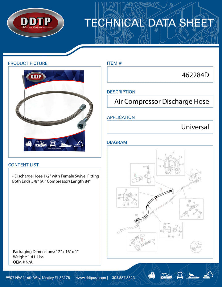Manguera de descarga para compresor de aire con conector giratorio hembra de 5/8" en ambos extremos, 84"