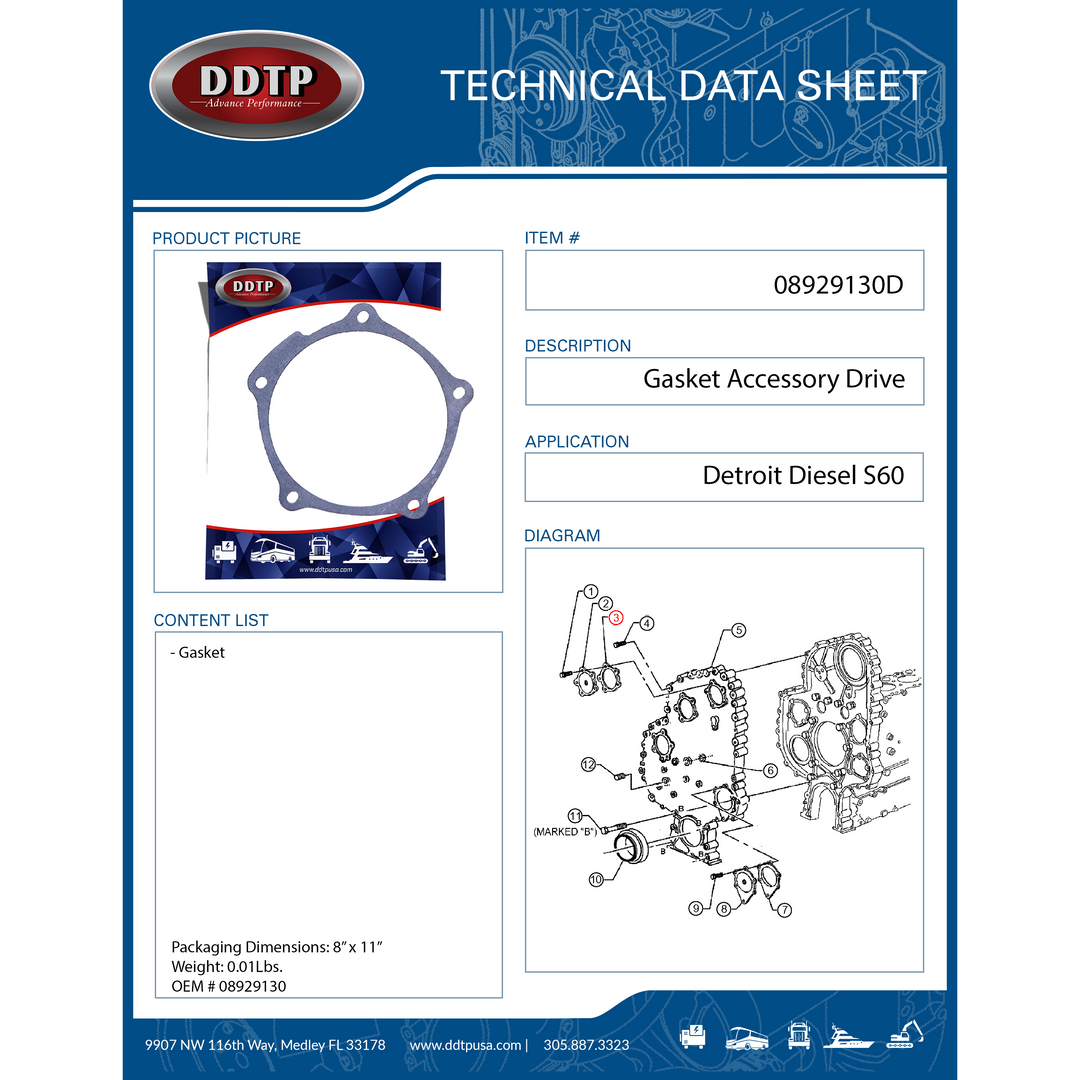 Junta de transmisión de accesorios Detroit Diesel S60 (08929130)