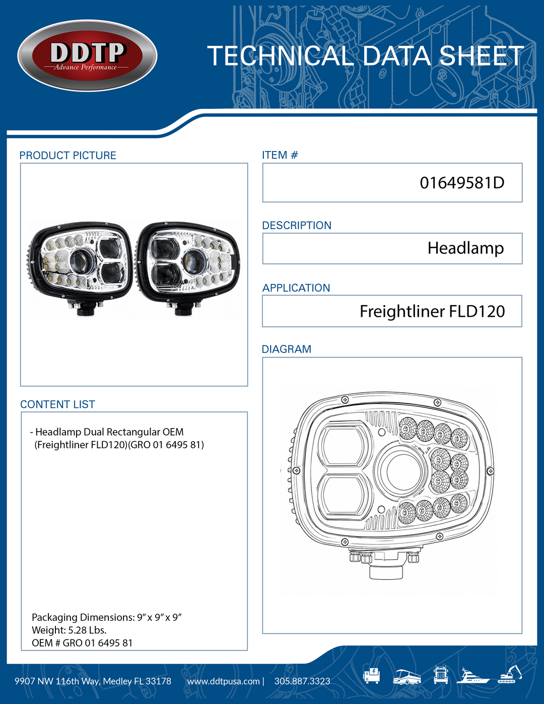Headlamp Dual Rectangular OEM  Freightliner FLD120