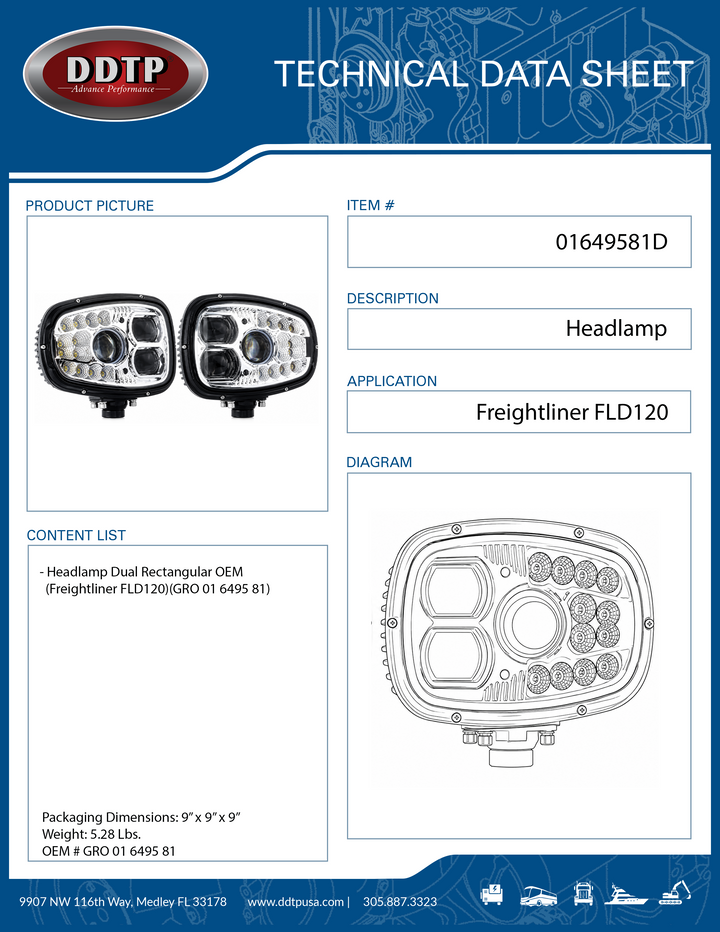 Headlamp Dual Rectangular OEM  Freightliner FLD120