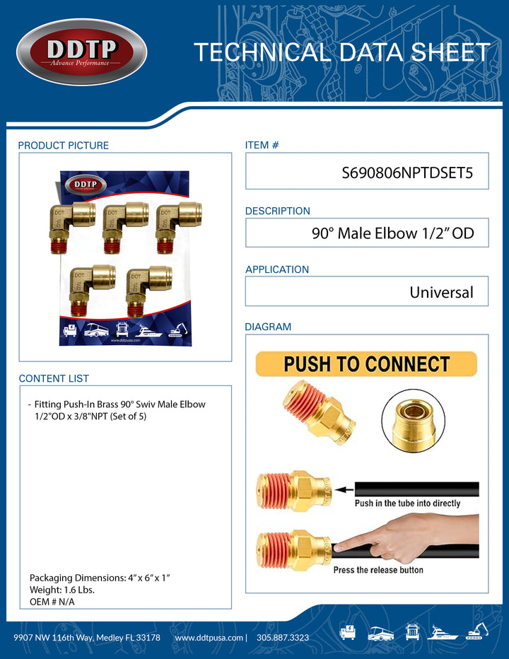 90° Male Elbow 1/2” OD x 3/8" NPT (Set of 5)