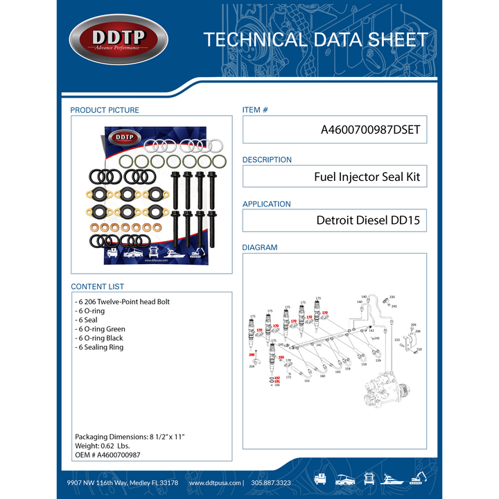 Kit de sello de inyector con perno y anillo de sello de copa DD15, paquete de seis (A4600700987)