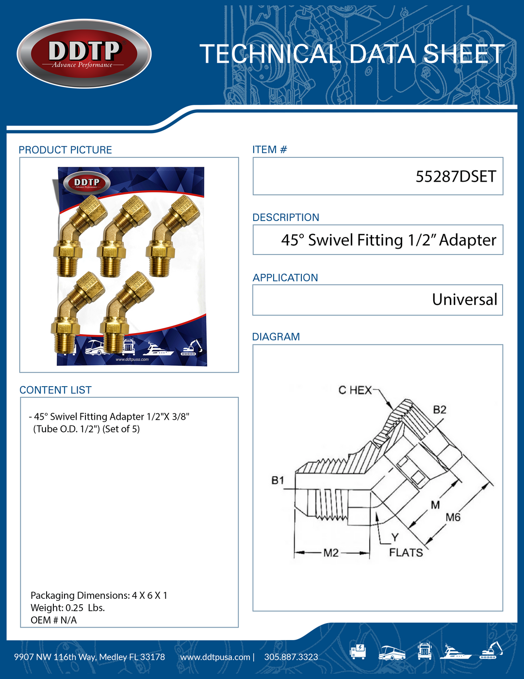 Brass 45° Swivel Fitting Adapter 1/2" x 3/8"(Tube O.D. 1/2") (Set of 5)