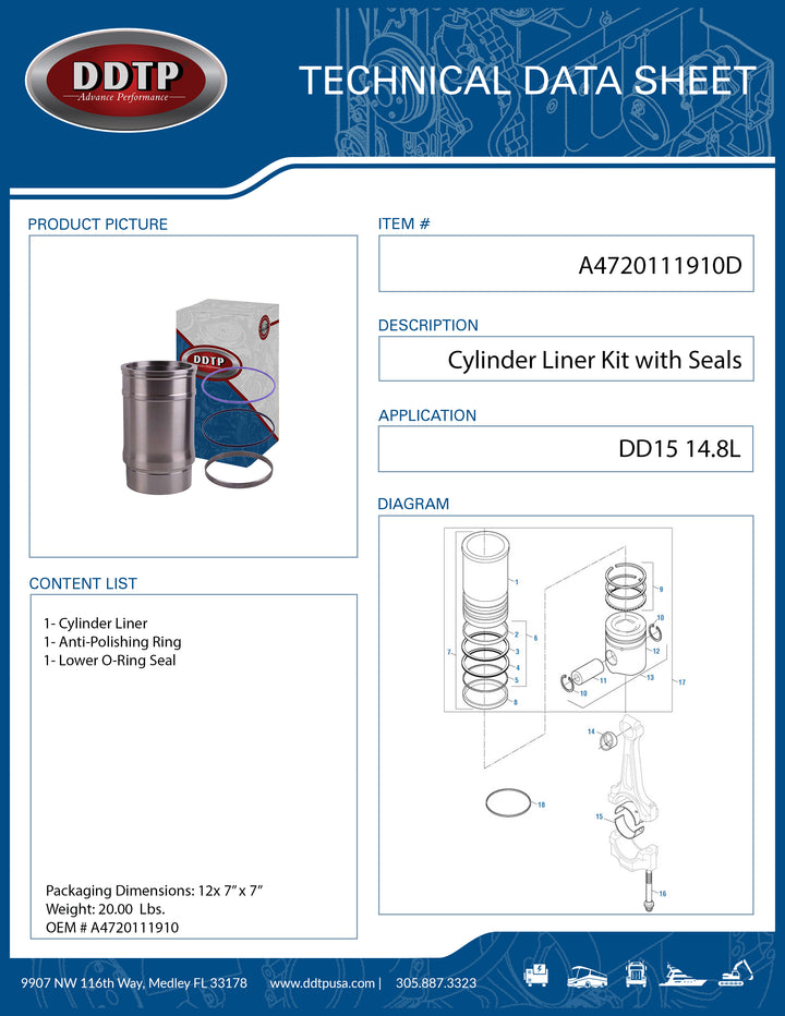 APR Cylinder Liner Kit for Detroit Diesel DD15 Engine | Wet Cylinder Sleeve with Anti-Polishing Ring & Seals (A4720111910)