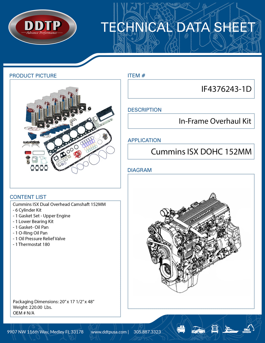 In-Frame Overhaul Kit Cummins ISX Dual Overhead Camshaft 152MM APR Liner (2000-2010)