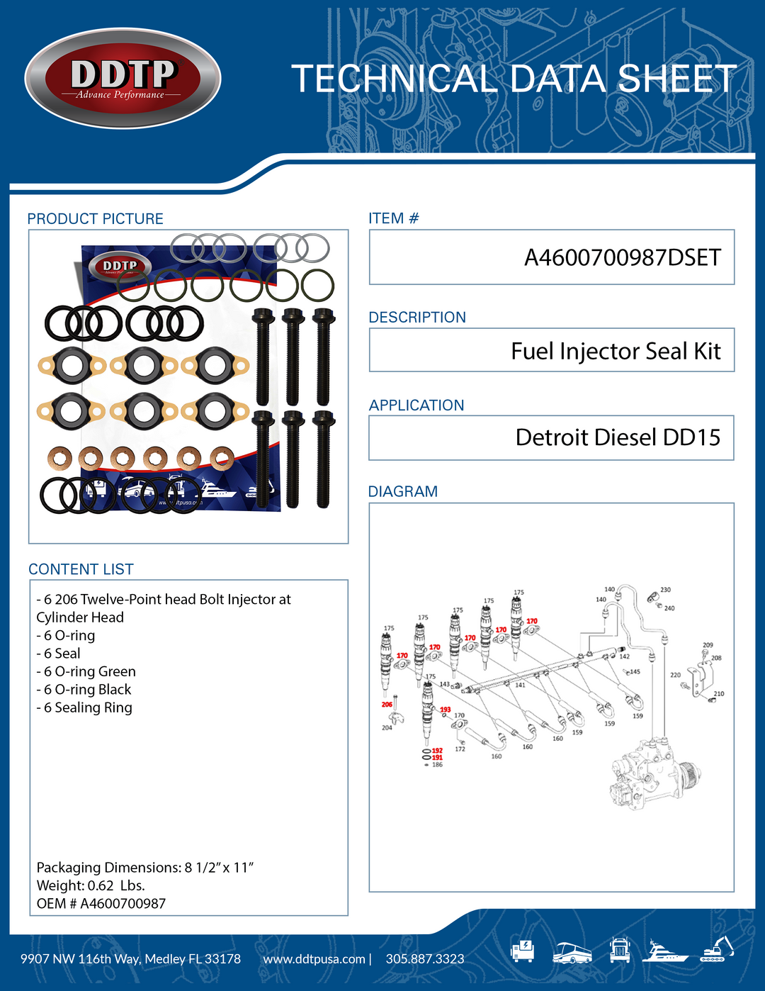 Kit de sello de inyector con perno y anillo de sello de copa DD15, paquete de seis (A4600700987)