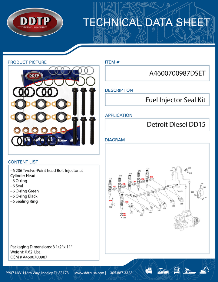 Kit de sello de inyector con perno y anillo de sello de copa DD15, paquete de seis (A4600700987)