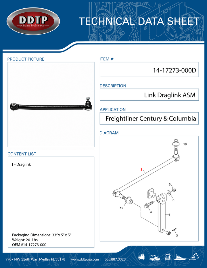 Dirección de varilla, enlace de arrastre, T65, 1.04, 31.47 Freightliner Century, Columbia (14-17273-000)