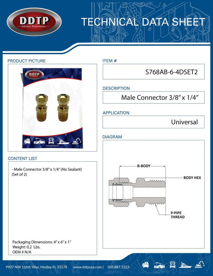 Brass Male Connector 3/8" x 1/4" (No Sealant) (Set of 2)