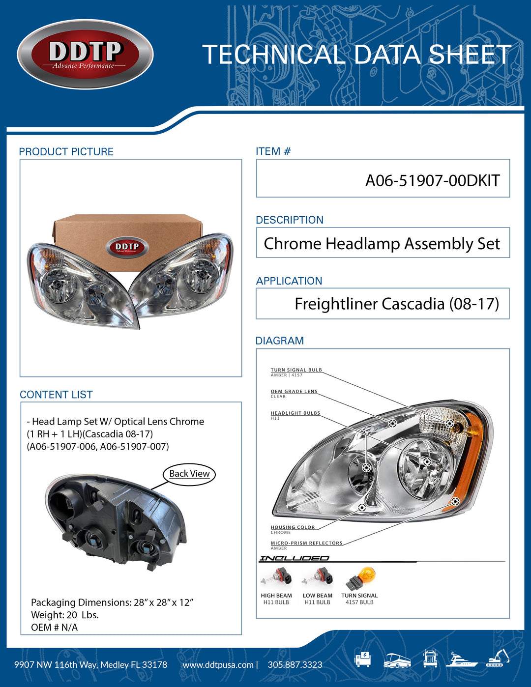 Headlamp Assembly Set W/ Optical Lens Chrome (1 RH + 1 LH)(Cascadia 08-17)(A06-51907-006, A06-51907-007)