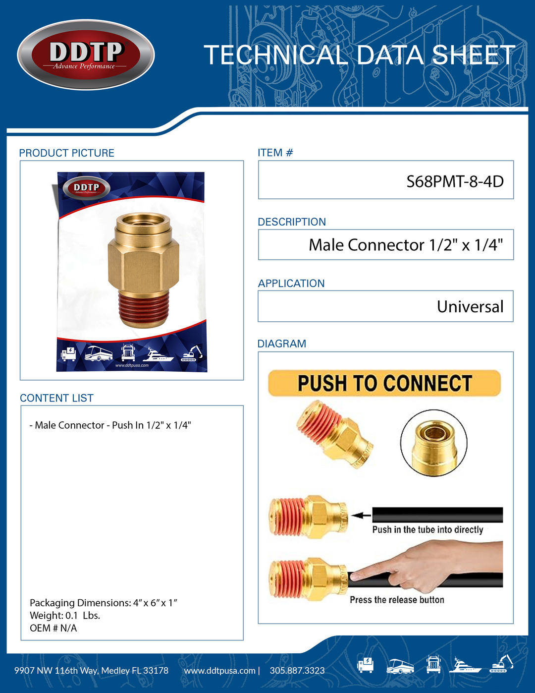 Conector macho de latón - A presión 1/2" x 1/4"
